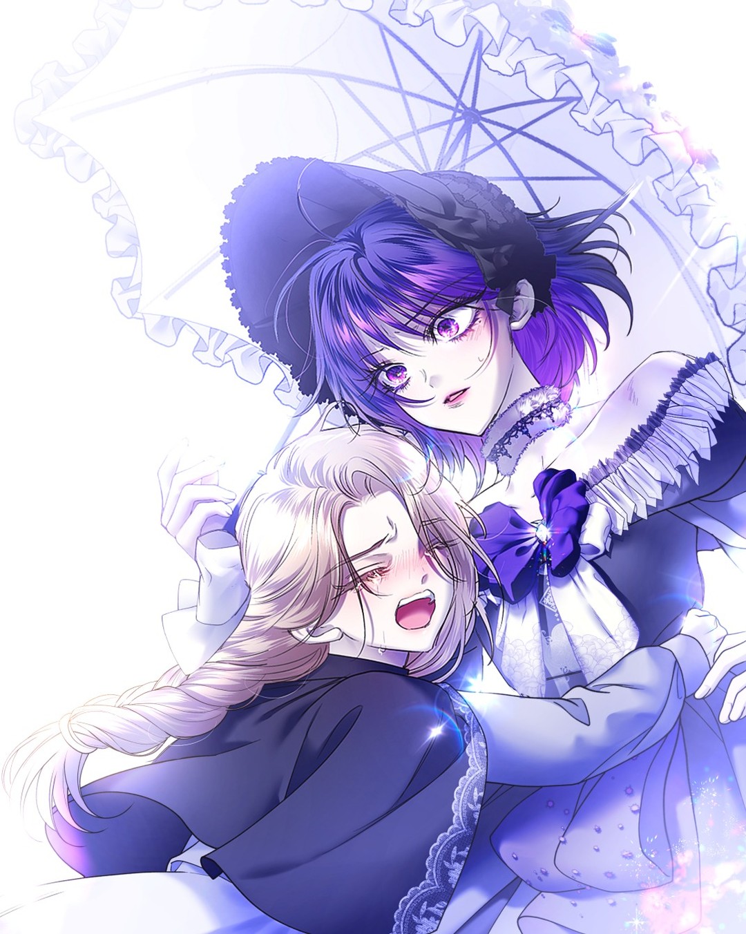 2girls, aged_down, alternate_universe, black_bonnet, blonde_hair, blue_capelet, bonnet, bow