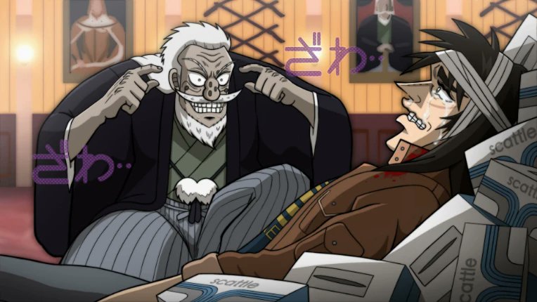 2boys, beard, black_coat, black_hair, blood, brown_jacket, coat, constricted_pupils, cowboy_shot, crying, crying_with_eyes_open, facial_hair, fukumoto_nobuyuki_(style), grey_pants, grin, hakama, hakama_pants, haori, hyoudou_kazutaka, indoors, invincible_(series), itou_kaiji, jacket, japanese_clothes, joshi_taito, kaiji, long_hair, long_sleeves, looking_at_another, male_focus, meme, multiple_boys, mustache, official_style, old, old_man, painting_(object), pants, parody, pointy_nose, scar, scar_on_cheek, scar_on_face, smile, squatting, style_parody, tears, think_mark_think!_(meme), third-party_source, tissue_box, white_hair, wrinkled_skin, zawa_(onomatopoeia)