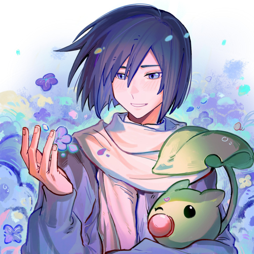 1boy, baimadai_0322, black_hair, blue_eyes, blue_flower, blue_sweater, digimon, digimon_(creature)