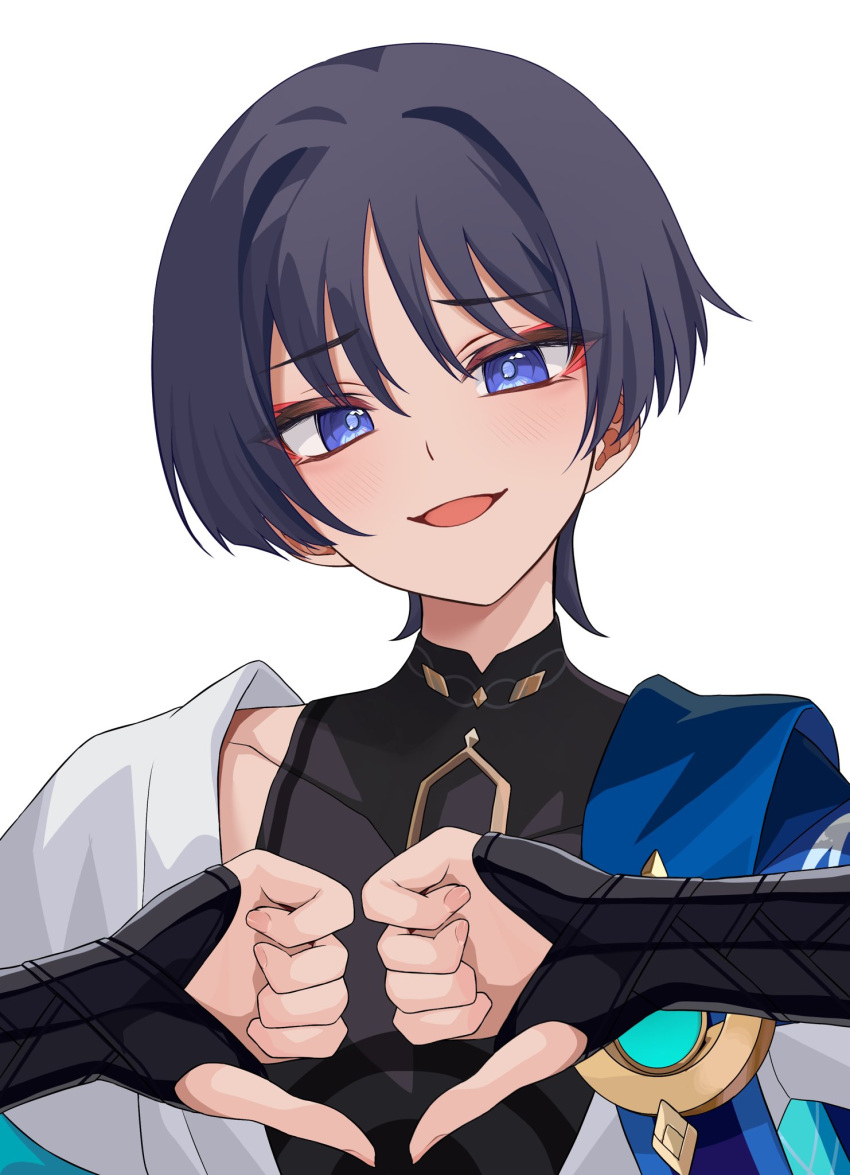 1boy, black_gloves, black_hair, black_shirt, blue_eyes, chobonu, double_thumbs_down, fingerless_gloves, genshin_impact, gloves, hair_between_eyes, highres, japanese_clothes, looking_at_viewer, male_focus, open_mouth, scaramouche_(genshin_impact), shirt, short_hair, smile, solo, thumbs_down, wanderer_(genshin_impact), white_background