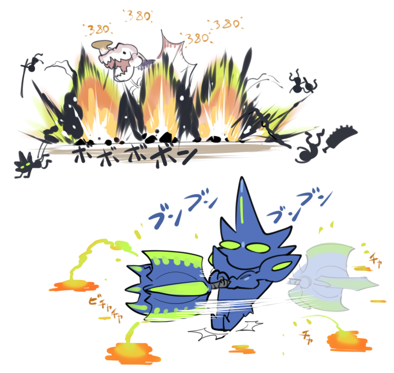 anjanath, armor, black_eyes, brachydios_(armor), chibi, chibi_only, explosion, full_body, mace, monster_hunter_(character), monster_hunter_(series), motion_blur, open_mouth, sido_(slipknot), simple_background, solid_circle_eyes, spinning, sword, weapon, white_background