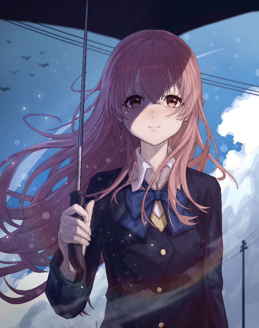 1girl, black_jacket, blazer, blue_bow, blue_bowtie, blue_sky, bow, bowtie, brown_eyes, chinese_commentary, closed_mouth, clouds, commentary_request, day, floating_hair, fuka_(pixiv_84081952), hair_between_eyes, hand_up, holding, holding_umbrella, jacket, koe_no_katachi, lens_flare, long_hair, long_sleeves, looking_at_viewer, nishimiya_shouko, outdoors, pink_hair, school_uniform, sky, solo, umbrella, upper_body