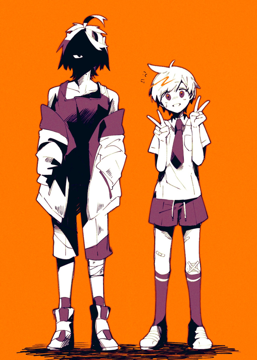 2boys, bandaged_leg, bandages, bandaid, bandaid_on_leg, collared_shirt, commentary, double_v