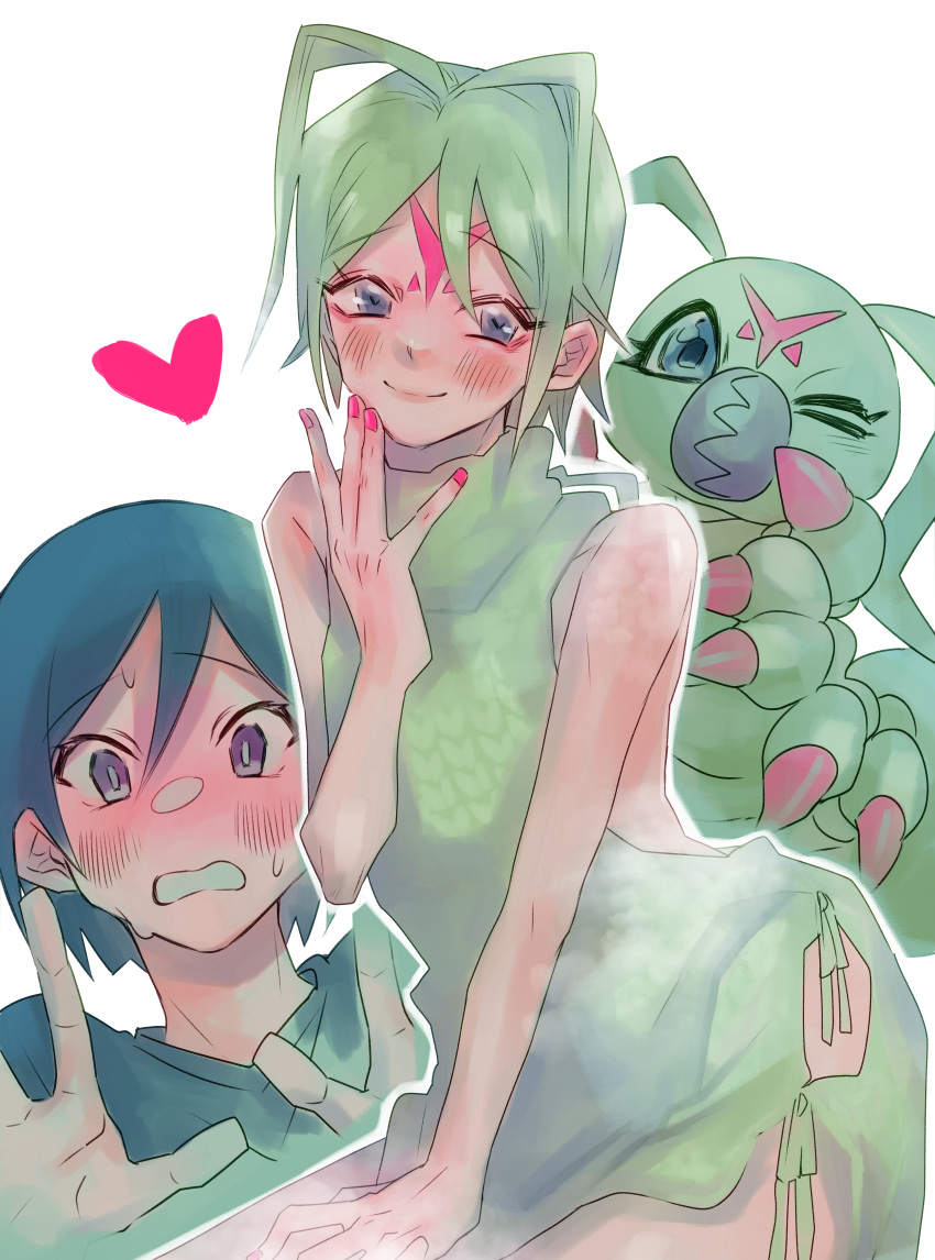 1boy, 1girl, absurdres, black_eyes, black_hair, blush, creature_and_personification, digimon, digimon_(creature), embarrassed, gagu_(ulcer_gag), green_hair, green_sweater, heart, highres, ichijouji_ken, looking_at_viewer, meme_attire, nail_polish, one_eye_closed, simple_background, smile, sweat, sweater, virgin_killer_sweater, white_background, wormmon