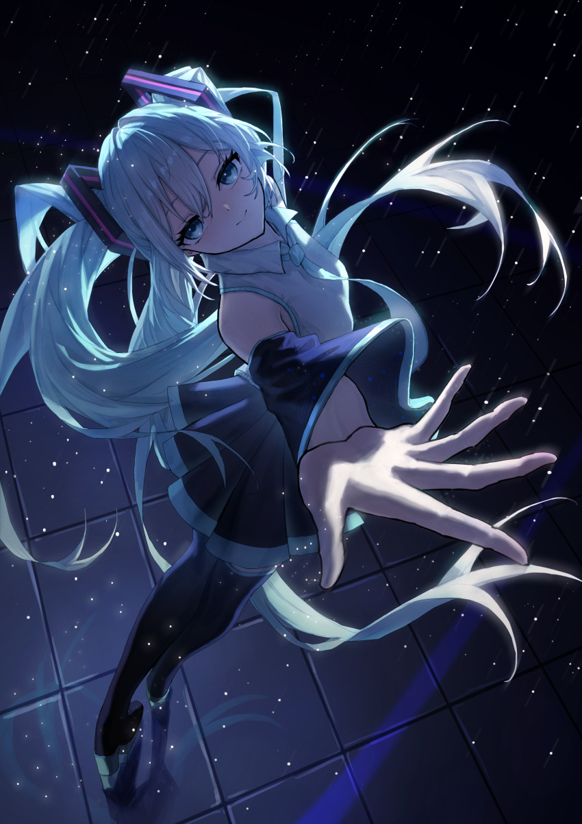 1girl, absurdres, aqua_eyes, aqua_hair, aqua_necktie, black_footwear, black_skirt, black_sleeves