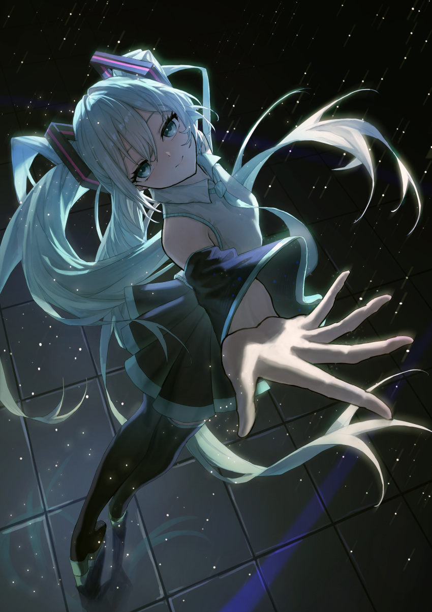 1girl, absurdres, aqua_eyes, aqua_hair, aqua_necktie, black_footwear, black_skirt, black_sleeves