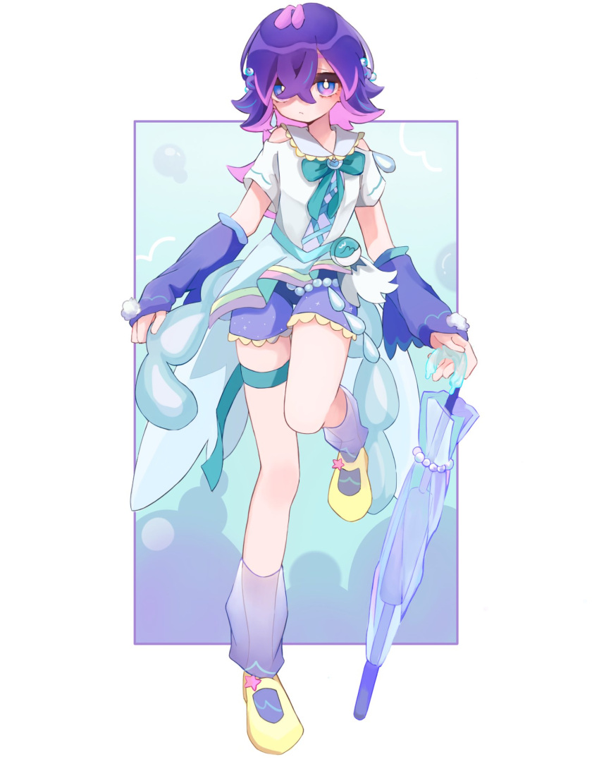 1girl, blue_eyes, bow, closed_mouth, cosplay, crystal, dot_(pokemon), earrings, gloves, hair_ornament, hair_over_eyes, hairclip, highres, jewelry, long_hair, magical_girl, multicolored_hair, open_mouth, pink_hair, pokemon, pokemon_(anime), pokemon_horizons, ponoti_414, precure, purple_hair, quaquaval, quaquaval_(cosplay), ribbon, shorts, skirt, solo, umbrella, unofficial_precure_costume