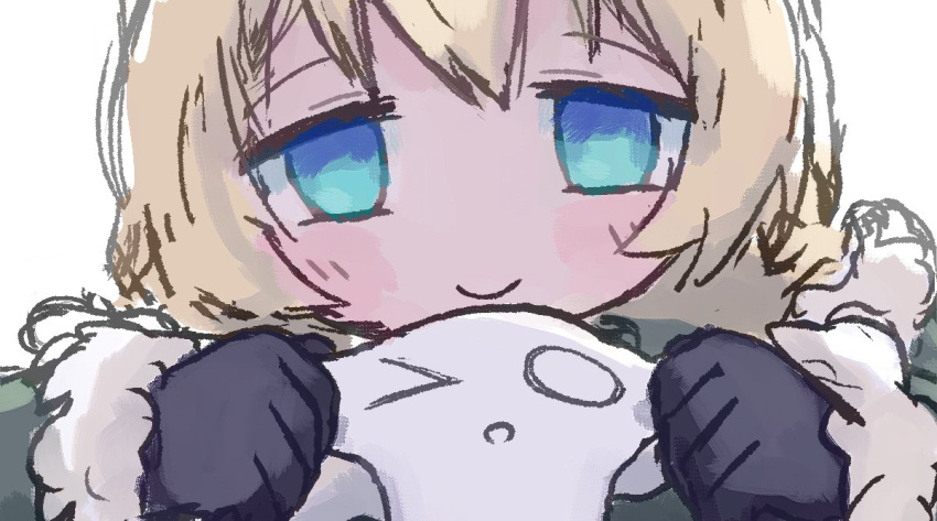 1girl, black_gloves, blonde_hair, blue_eyes, blush_stickers, cheek_pull, closed_mouth, coat