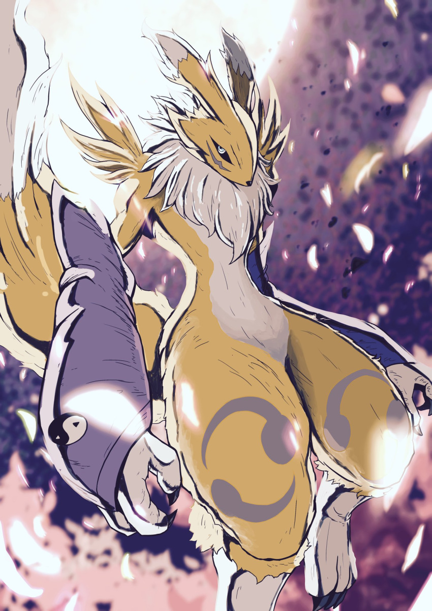 black_sclera, blue_eyes, cherry_blossoms, colored_sclera, digimon, digimon_(creature), fluffy, fox_tail