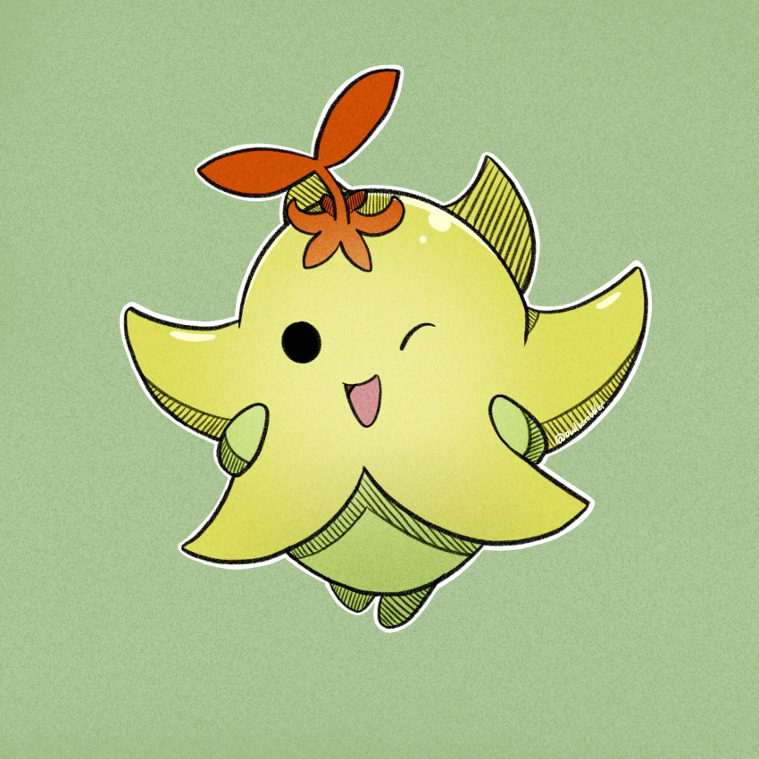 digimon, digimon_(creature), floating, green_background, highres, looking_at_viewer, one_eye_closed, open_mouth