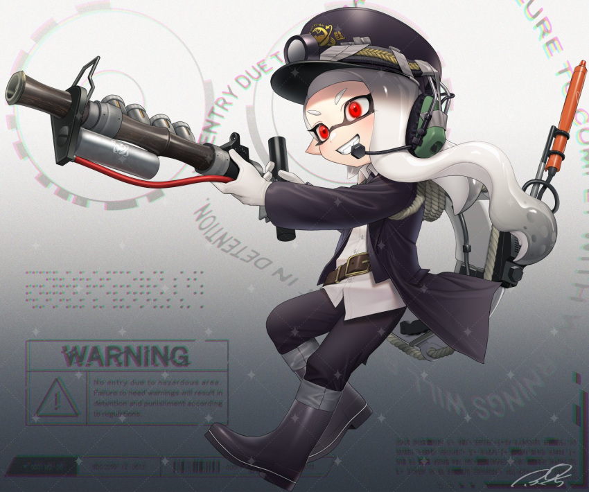 1girl, asymmetrical_hair, black_hair, blue_hat, blue_jacket, blue_pants, boots, chromatic_aberration, collared_shirt, commission, dress_shirt, english_commentary, fangs, full_body, gloves, glowing, glowing_eyes, gradient_hair, grey_footwear, grin, grizzco_charger_(splatoon), hat, headlamp, headset, highres, holding, holding_weapon, inkling, inkling_girl, inkling_player_character, jacket, lifebuoy, long_hair, long_sleeves, multicolored_hair, open_clothes, open_jacket, pants, peaked_cap, pointy_ears, puchiman, red_eyes, rubber_boots, salmon_run_(splatoon), shirt, sign, signature, smile, solo, splatoon_(series), swim_ring, tentacle_hair, two-tone_hair, warning_sign, wavy_hair, weapon, white_gloves, white_hair, white_shirt