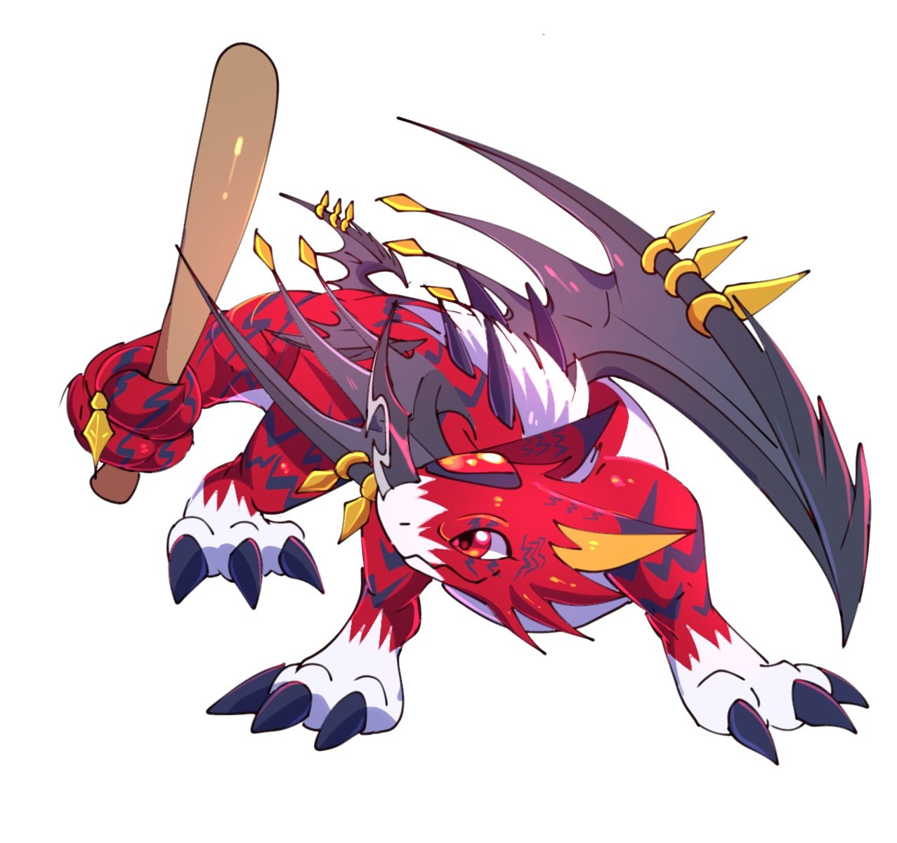 claws, digimon, digimon_(creature), doruguremon, highres, horns, matrixdragonn, no_humans, red_eyes, simple_background, single_horn, solo, white_background, wings
