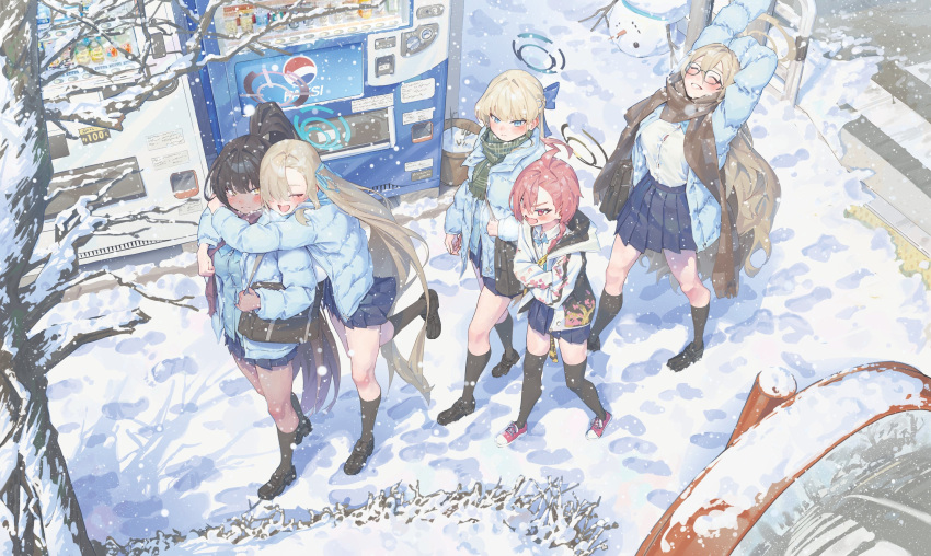 5girls, akane_(blue_archive), arm_up, arms_behind_head, asuna_(blue_archive), black_footwear, black_hair, black_socks