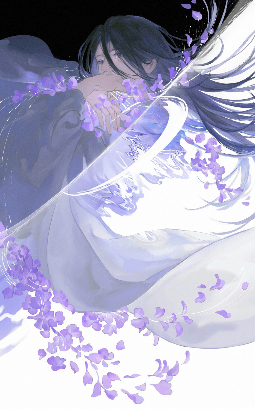 1boy, absurdres, black_hair, colored_inner_hair, covered_mouth, falling_petals, fingernails, floating_hair