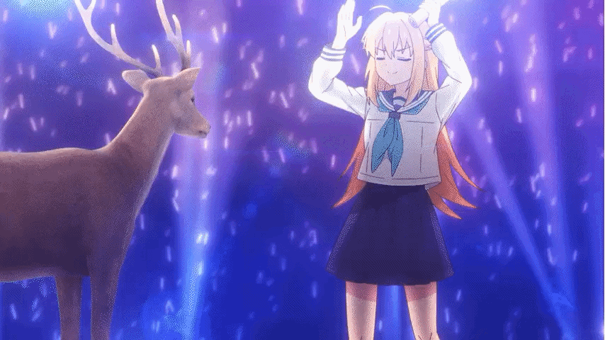 1girl, animated, animated_gif, bully_maguire_(meme), closed_eyes, dancing, deer, glowstick, koshi_torako, long_hair, scene_reference, shikanoko_nokonoko_koshitantan, spider-man_(series), spider-man_3