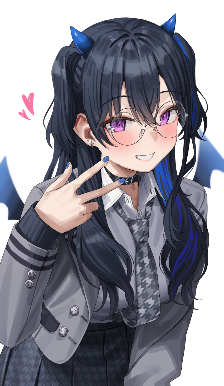 1girl, absurdres, arm_up, black_hair, blue_hair, blue_nails, blush, breasts, buttons, choker, collared_shirt, commentary_request, demon_girl, demon_horns, demon_wings, ear_piercing, earrings, glasses, green_tea_(greente42869067), grey_jacket, hair_between_eyes, heart, highres, horns, ichinose_uruha, jacket, jewelry, large_breasts, leaning_forward, long_hair, long_sleeves, looking_at_viewer, mole, mole_under_mouth, multicolored_hair, nail_polish, necktie, piercing, round_eyewear, shirt, simple_background, skirt, sleeves_past_wrists, smile, star_(symbol), star_print, streaked_hair, suit_jacket, teeth, three_quarter_view, upper_body, v, violet_eyes, virtual_youtuber, vspo!, white_background, white_shirt, wings