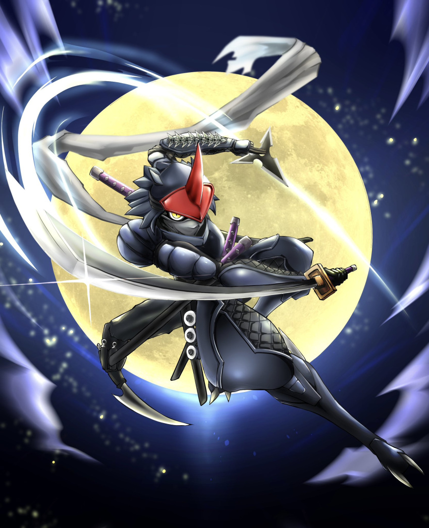 1boy, armor, digimon, digimon_(creature), dowa_d_715, full_moon, fumamon, highres, holding, holding_sword, holding_weapon, katana, looking_at_viewer, mask, moon, night, ninja, outdoors, shuriken, solo, sword, weapon, yellow_eyes