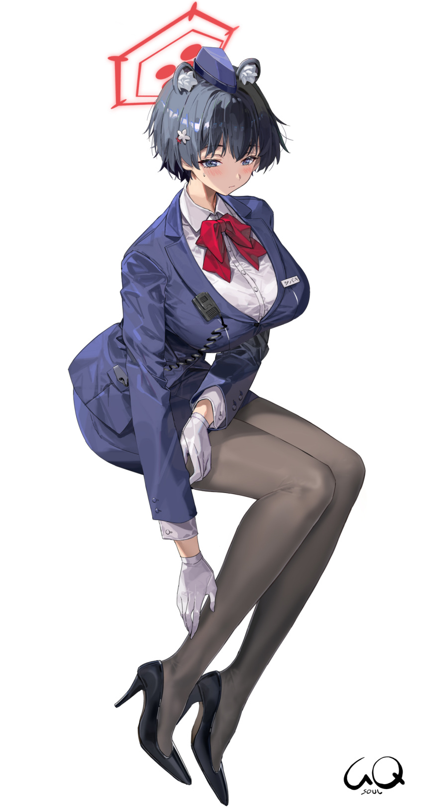 1girl, animal_ears, black_eyes, black_hair, black_jacket, black_pantyhose, blue_archive, blush