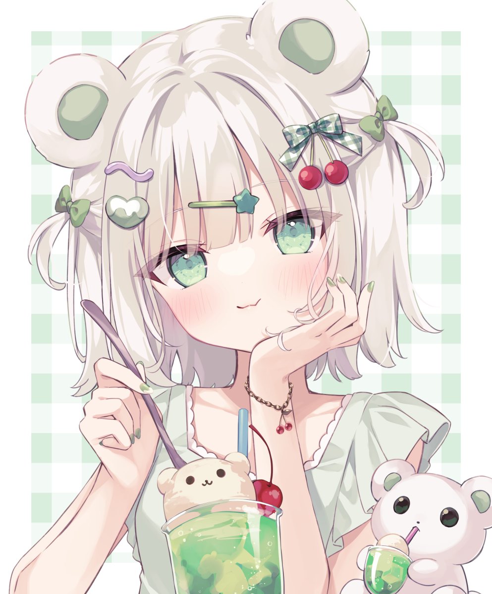 1girl, :3, animal_ears, arm_support, armlet, bear_ears, blush, border