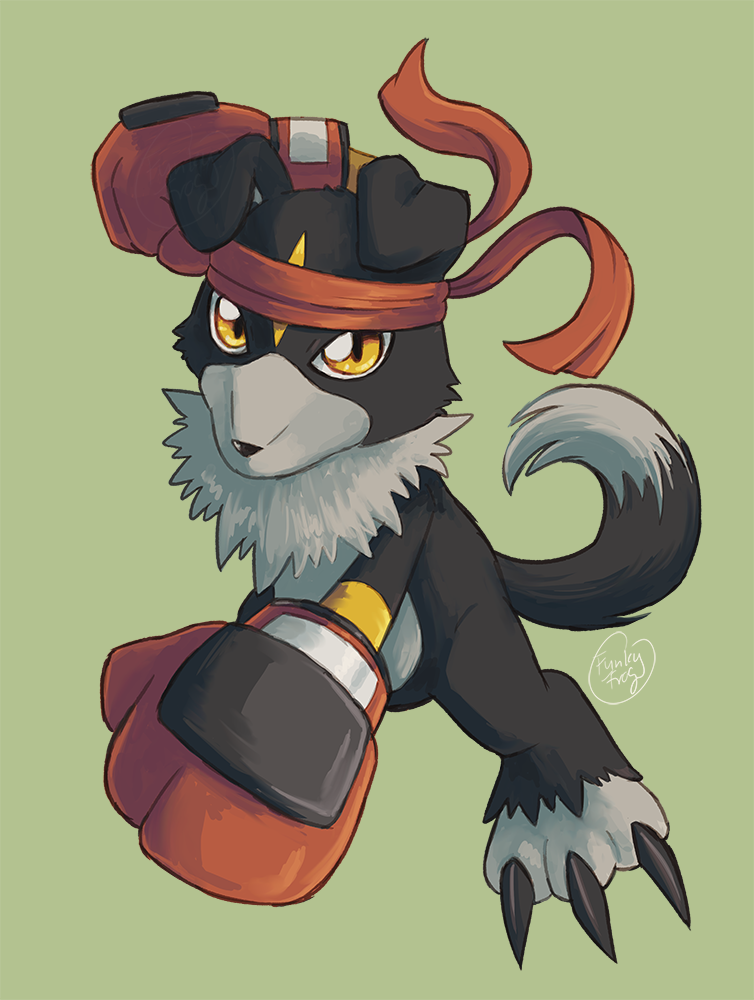 alternate_color, black_fur, boxing_gloves, digimon, digimon_(creature), funkiestfrog, gaomon, gloves, green_background, grey_fur, headband, looking_at_viewer, no_humans, red_gloves, red_headband, signature, simple_background, solo, tail, two-tone_fur, yellow_eyes