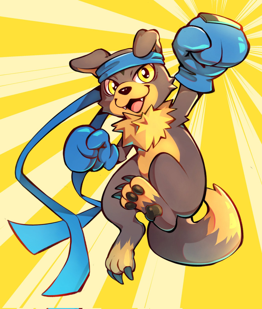 alternate_color, bandana, blue_gloves, blue_headband, boxing_gloves, brown_fur, claws, digimon