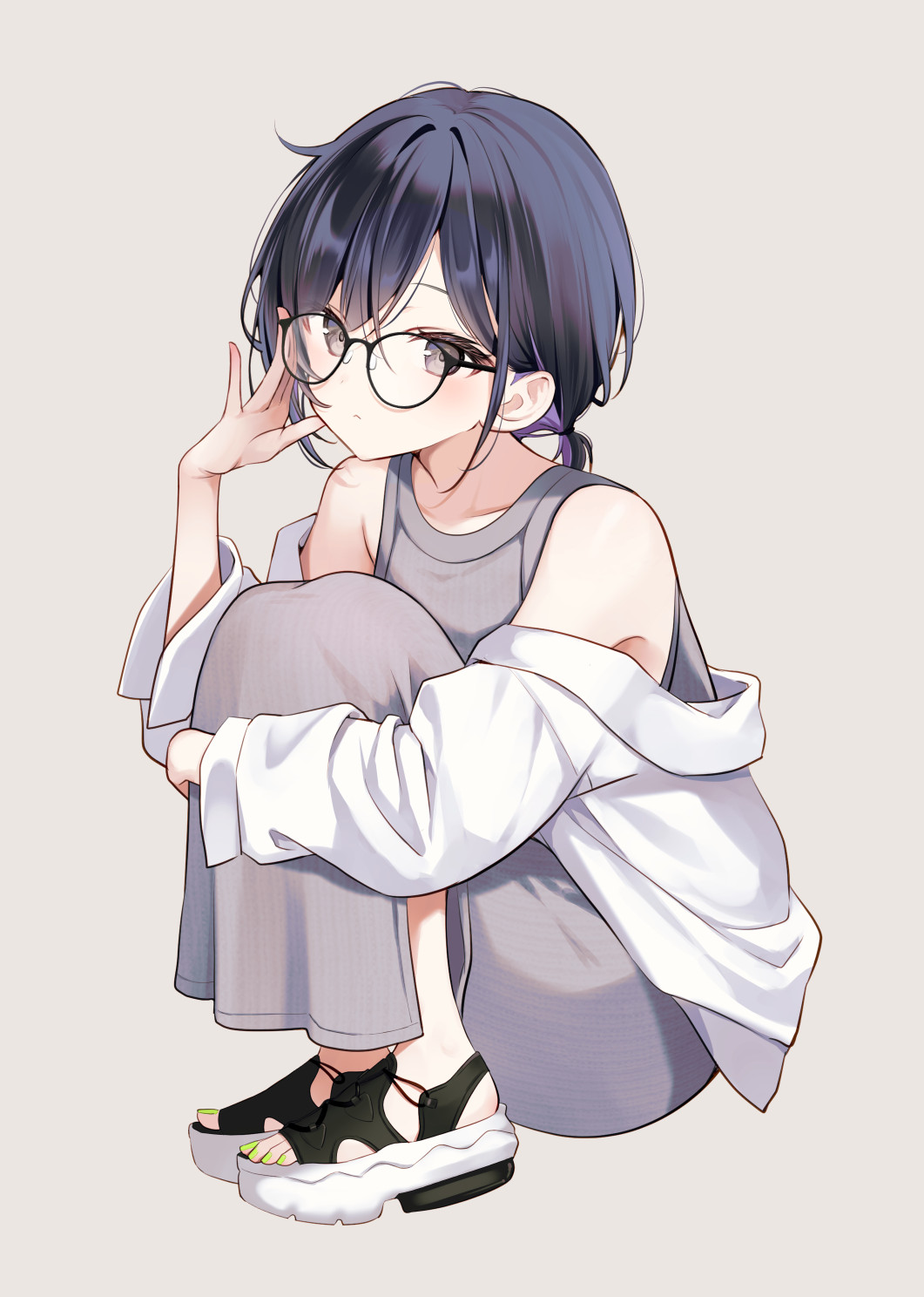 1girl, blue_hair, commentary_request, dark_blue_hair, dress, glasses, grey_background, grey_dress