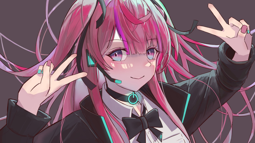 1girl, absurdres, aqua_nails, arms_up, artist_request, black_bow, black_bowtie, black_choker, black_jacket, black_ribbon, blue_eyes, blunt_bangs, bow, bowtie, brown_background, choker, closed_mouth, collared_shirt, dakechacha, double_v, floating_hair, hair_ribbon, headset, highres, himeragi_ageha, jacket, long_hair, looking_at_viewer, microphone, multicolored_hair, neon_trim, pink_hair, pink_nails, power_symbol, purple_hair, ribbon, shirt, simple_background, smile, streaked_hair, two_side_up, v, virtual_youtuber, wactor_production, white_shirt, wing_collar