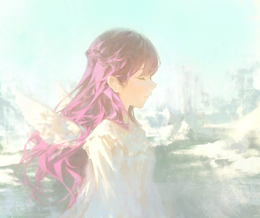 1girl, alternate_costume, bliss_htt, closed_eyes, dress, earrings, highres, hololive, jewelry, long_hair, purple_hair, scenery, tokoyami_towa, white_dress, wings