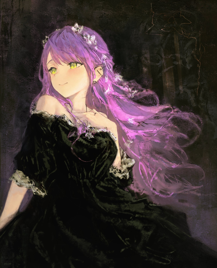 1girl, absurdres, black_dress, bliss_htt, dress, ear_piercing, flower, green_eyes, hair_flower, hair_ornament, hand_on_own_chest, highres, hololive, jewelry, long_hair, necklace, off_shoulder, piercing, purple_hair, ring, tokoyami_towa