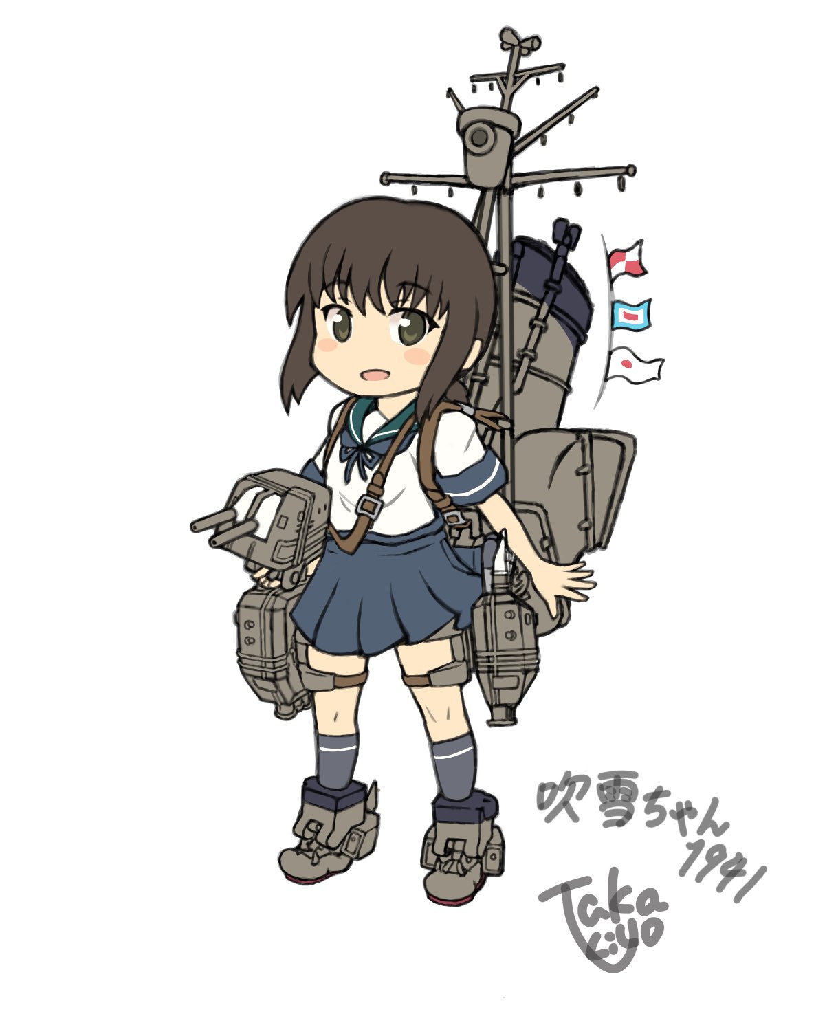 1girl, adapted_turret, black_hair, blue_sailor_collar, blue_skirt, brown_eyes, cannon, chibi
