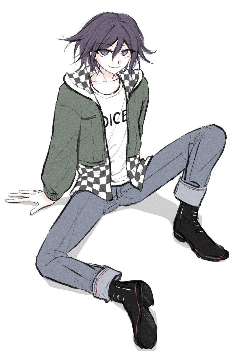 1boy, alternate_costume, arm_support, black_hair, brown_jacket, checkered_clothes, checkered_jacket, collarbone