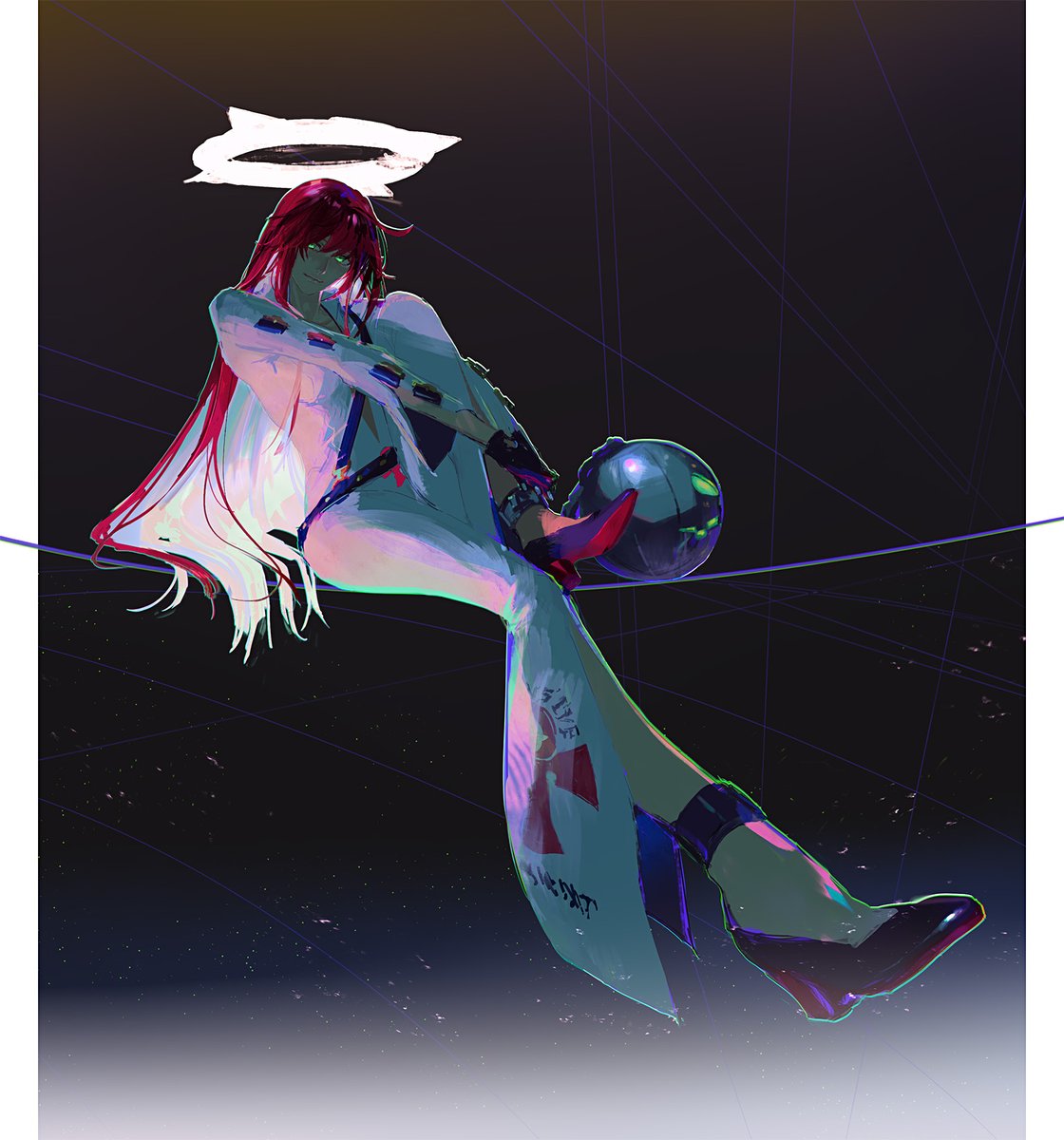 1girl, anklet, black_background, black_gloves, closed_mouth, colored_inner_hair, commentary, dutch_angle, full_body, gloves, gradient_background, green_eyes, guilty_gear, guilty_gear_strive, hair_between_eyes, halo, highres, hugging_own_legs, jack-o'_valentine, jewelry, jumpsuit, knee_up, long_hair, long_sleeves, looking_at_viewer, multicolored_footwear, multicolored_hair, outstretched_leg, redhead, shoes, sitting, smile, solo, star_(sky), wedge_heels, white_halo, white_jumpsuit, yszlr