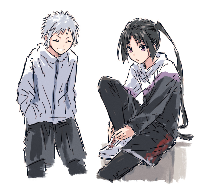 1boy, 1girl, :o, ^, black_hair, black_jacket, black_pants, black_shorts