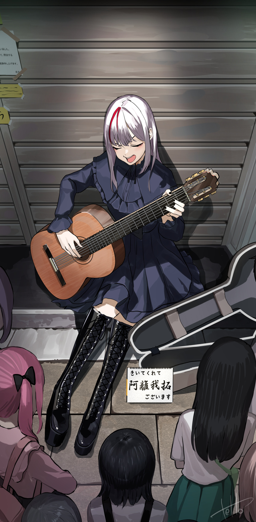 6+girls, absurdres, black_bow, black_footwear, blue_dress, boots, bow, closed_eyes
