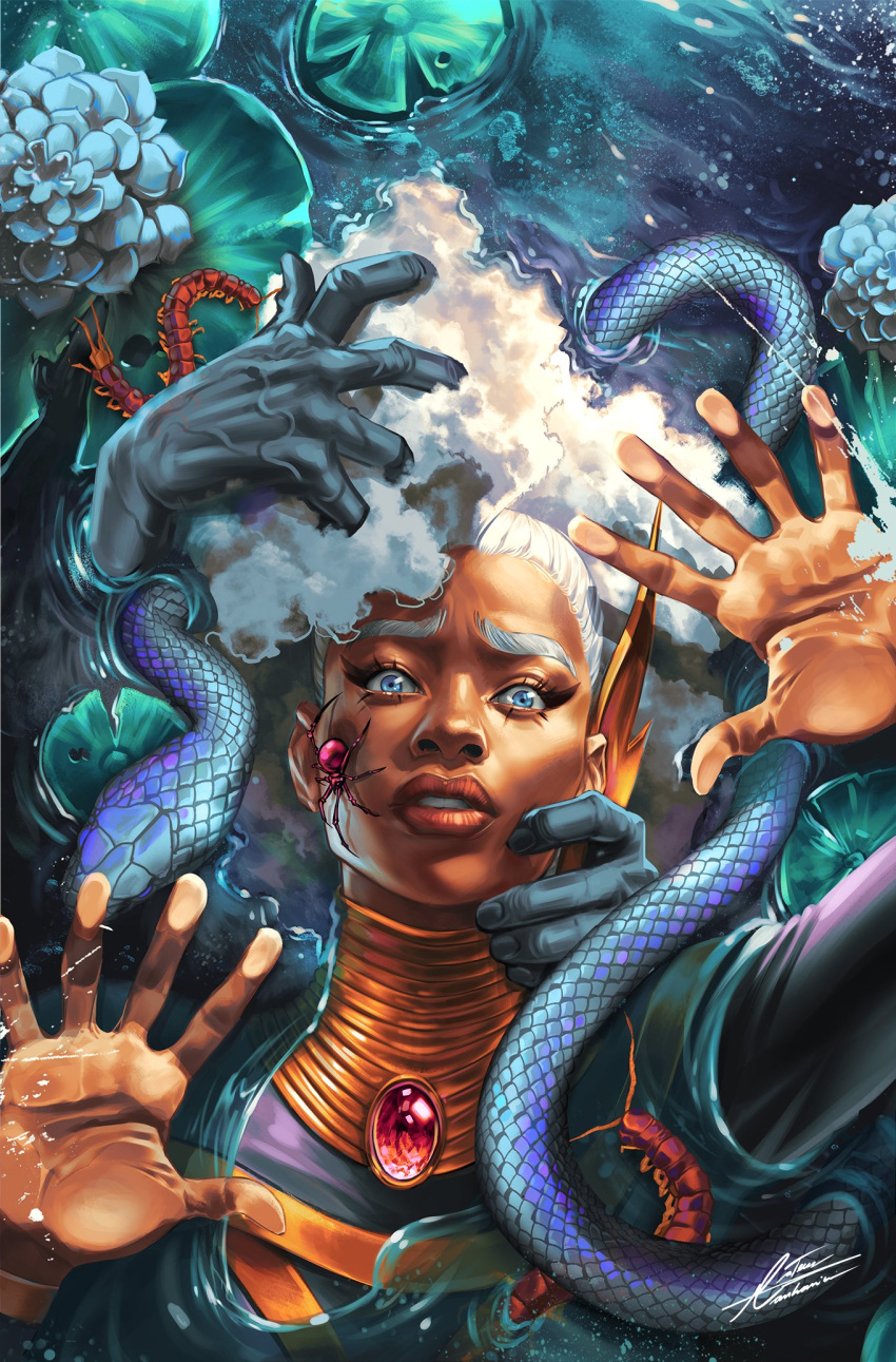 1girl, afro, blue_eyes, bug, dark-skinned_female, dark_skin, flower, hands_up