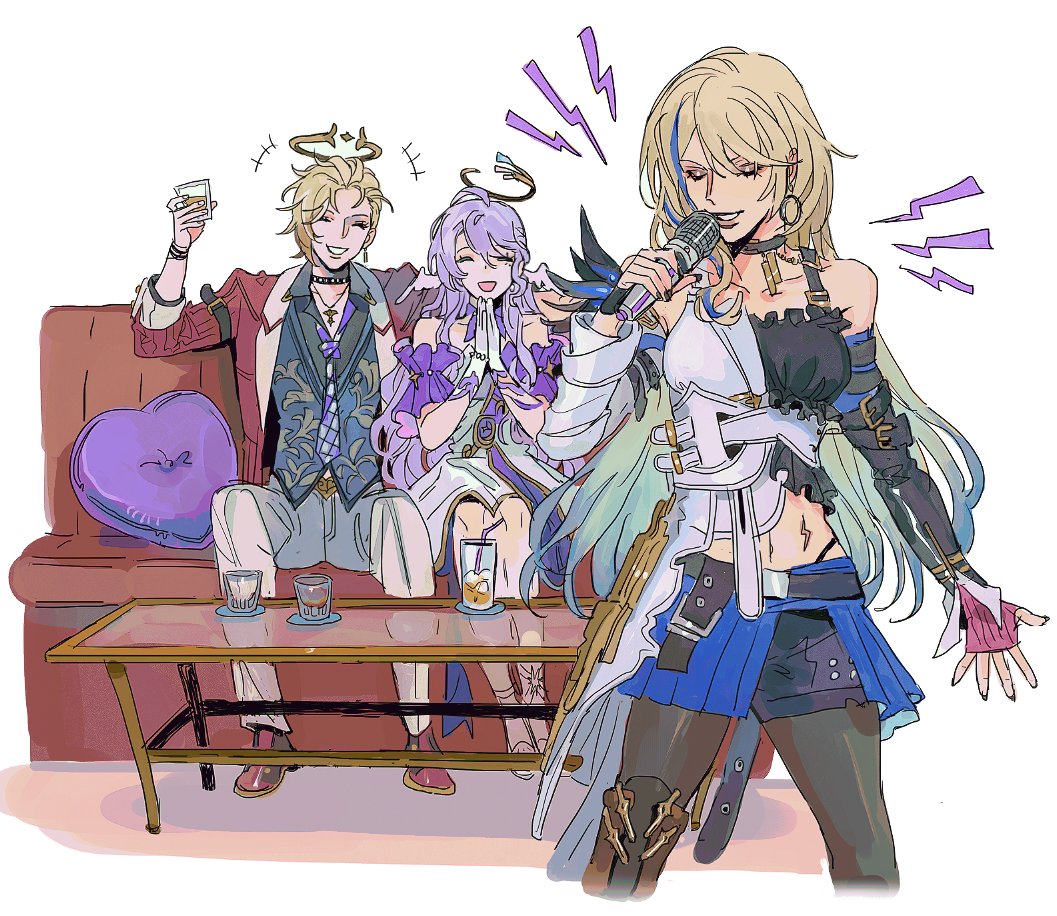 3girls, bare_shoulders, black_choker, blonde_hair, blue_hair, bunnyclvb, choker, coffee_table