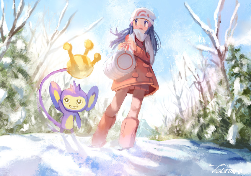 1girl, =_(9_yawbus), aipom, bag, bare_tree, beanie, black_hair, boots