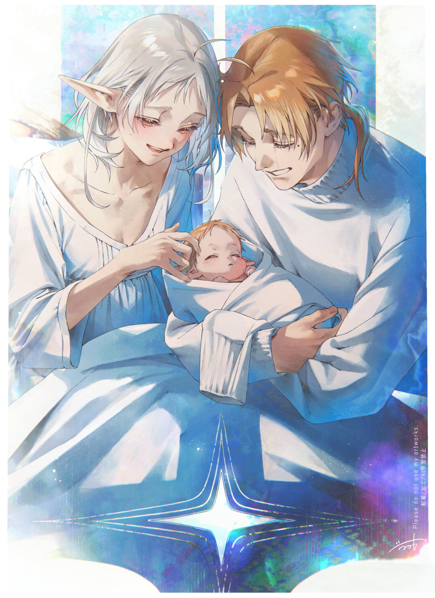 1boy, 2girls, absurdres, ahoge, baby, blanket, breasts, brown_hair