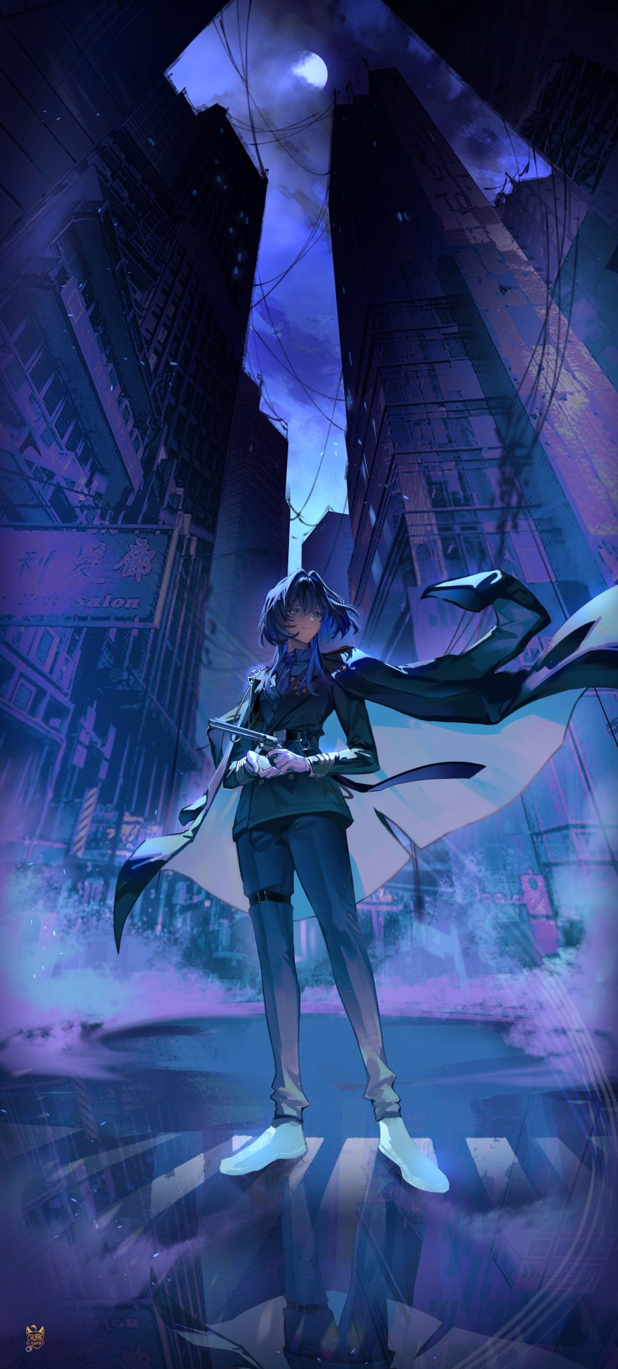 1girl, blue_eyes, blue_hair, blue_necktie, blue_shirt, building, churro_sama, closed_mouth
