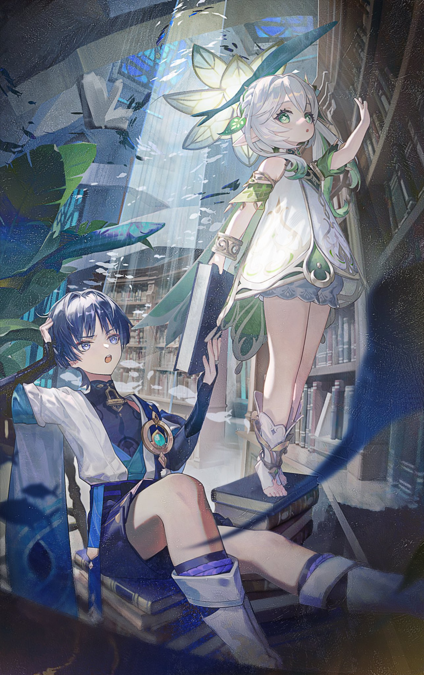 1boy, 1girl, arm_up, armlet, armor, belt, black_bodysuit, black_bow