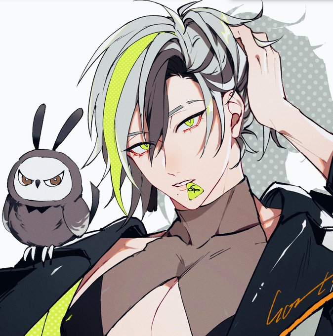 1boy, animal, animal_on_shoulder, bird, black_bird, black_jacket, black_shirt, cleavage_cutout