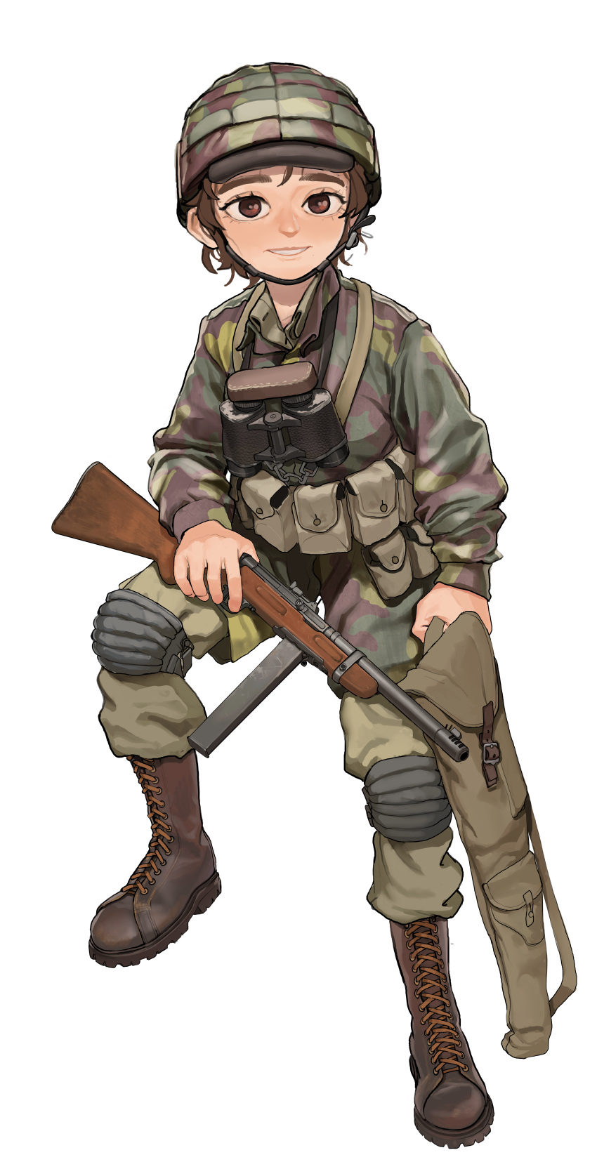 1girl, absurdres, ammunition_pouch, beretta_model_38, binoculars, boots, brown_eyes, brown_footwear