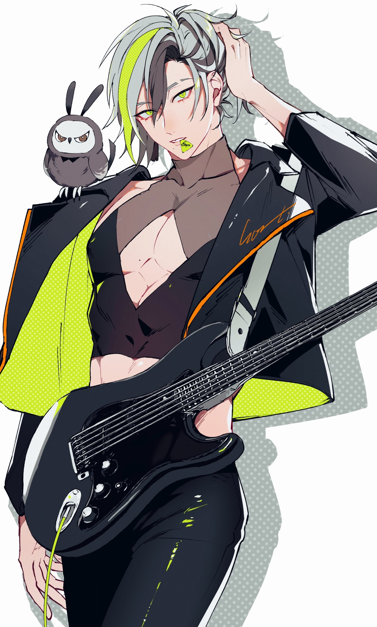 1boy, abs, animal, animal_on_shoulder, arm_up, bird, black_bird, black_jacket