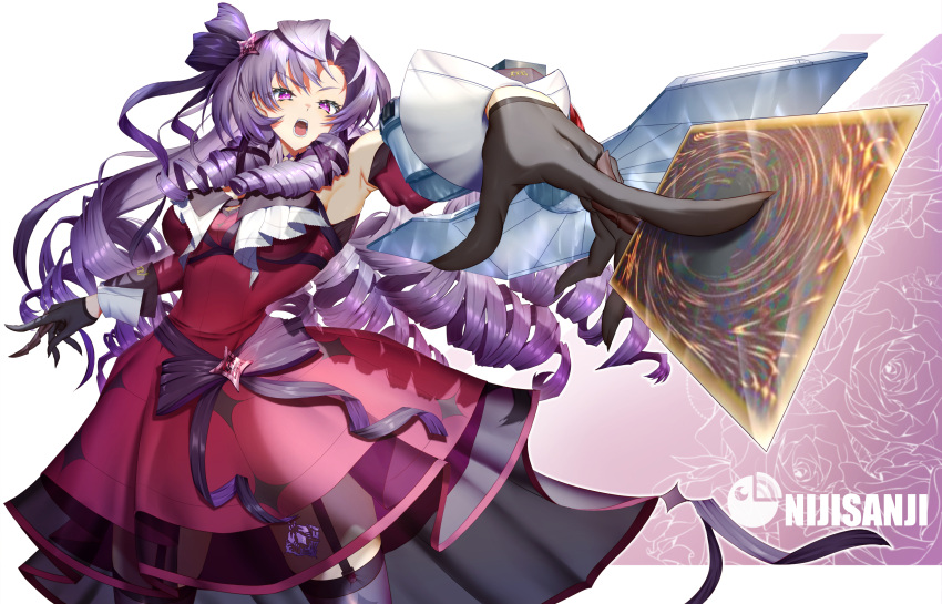 1girl, absurdres, armpits, black_gloves, black_thighhighs, card, commentary_request, copyright_name
