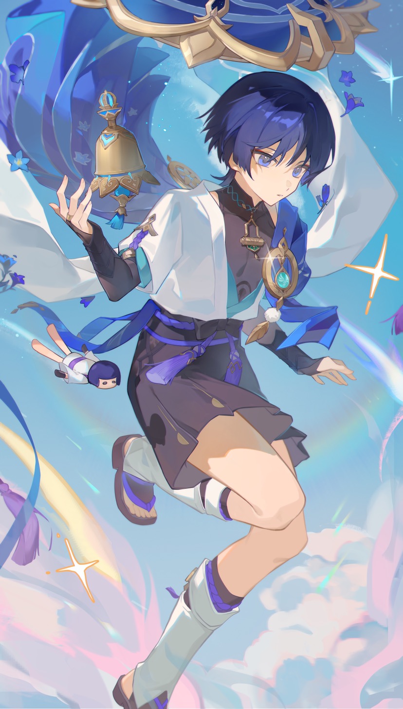 1boy, blue_sky, cape, character_doll, clouds, floating, floating_headgear, foot_out_of_frame, genshin_impact, hand_up, headgear, highres, knee_up, looking_ahead, male_focus, no_headwear, parted_lips, scaramouche_(genshin_impact), sky, solo, three_quarter_view, tulaytullah's_remembrance_(genshin_impact), unworn_headwear, wanderer_(genshin_impact), wind, xinjinjumin_749