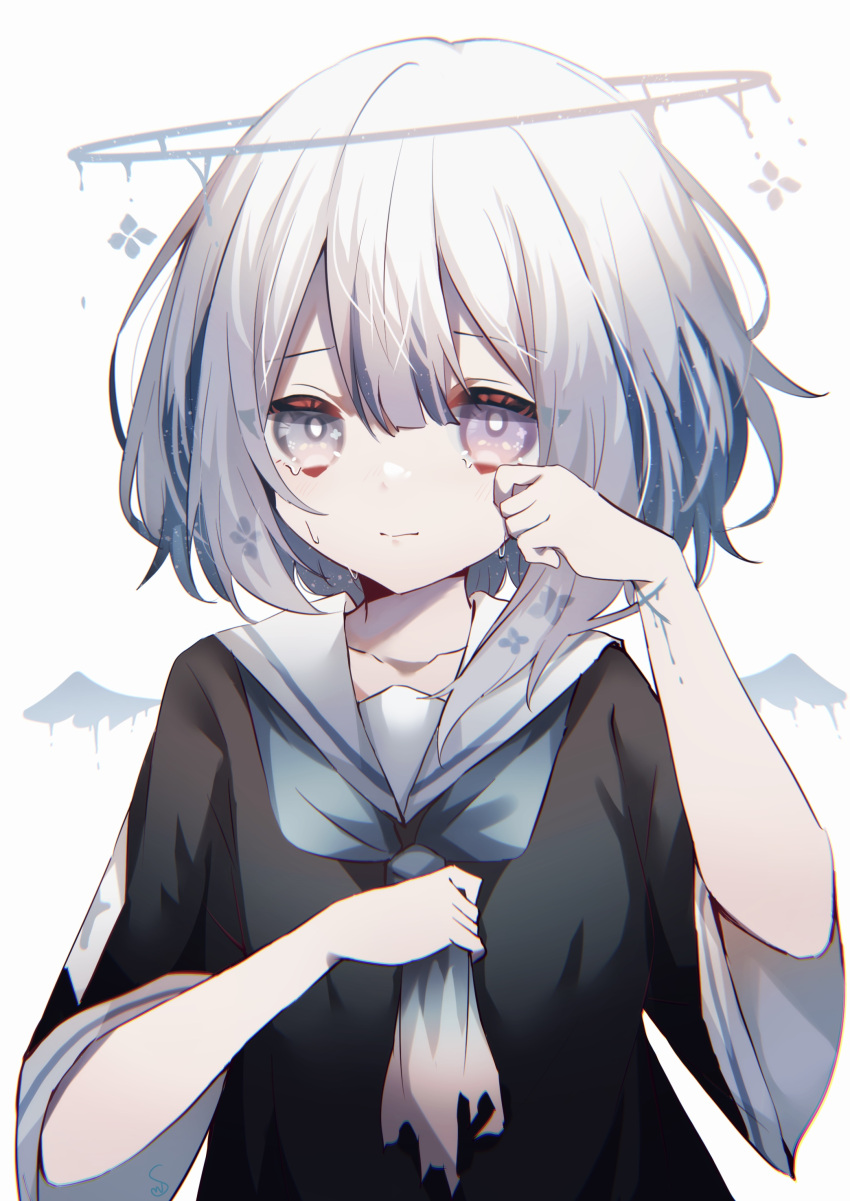 1girl, absurdres, angel, angel_wings, blue_neckerchief, closed_mouth, crying, grey_eyes