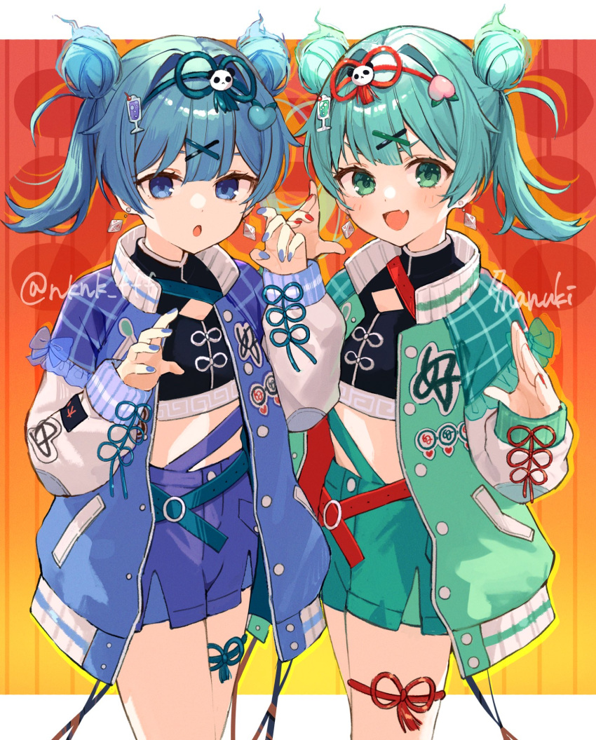 2girls, alternate_hairstyle, artist_name, blue_eyes, blue_hair, blue_shorts, cup_hair_ornament, food-themed_hair_ornament