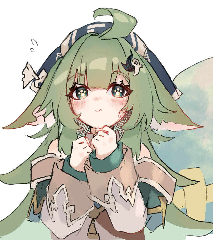 1girl, ahoge, animal_ears, blunt_bangs, blush, closed_mouth, commentary_request, dot_nose