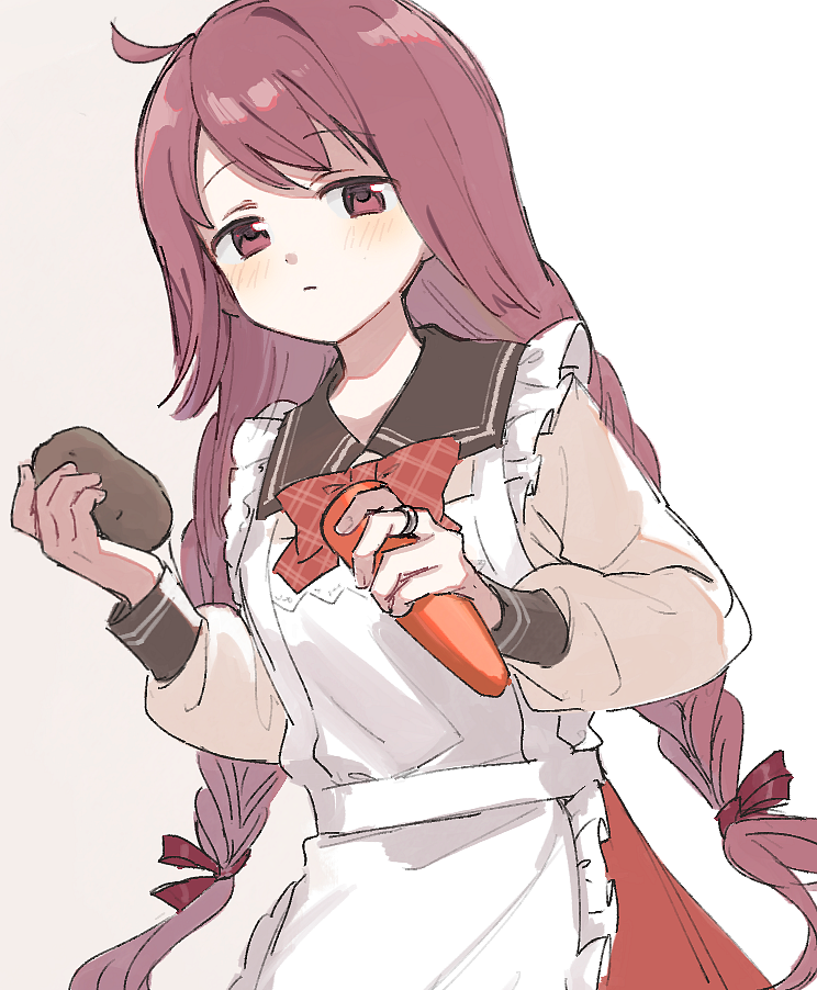 1girl, ahoge, apron, blush, bow, bowtie, boyano, braid
