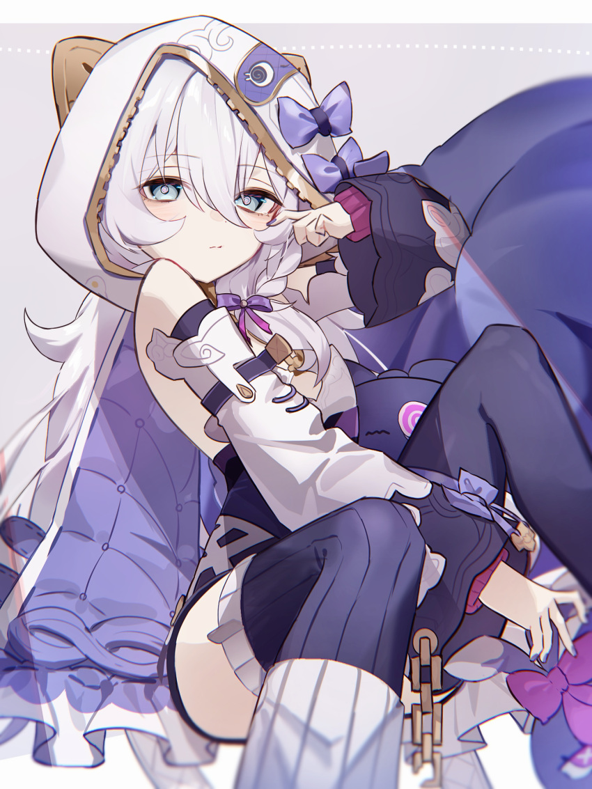 1girl, animal_hood, bow, cat_hood, closed_mouth, commentary, detached_sleeves, grey_eyes
